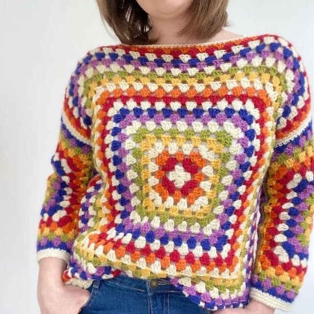 Rainbow Granny Square Sweater - HanJan Crochet