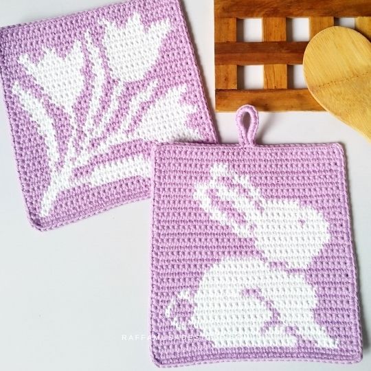 Tapestry Crochet Potholders - Tulips and Bunny - Raffamusa Designs