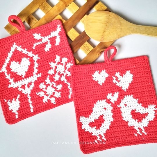 Tapestry Crochet Potholders - Love Birds and Spring Garden - Raffamusa Designs