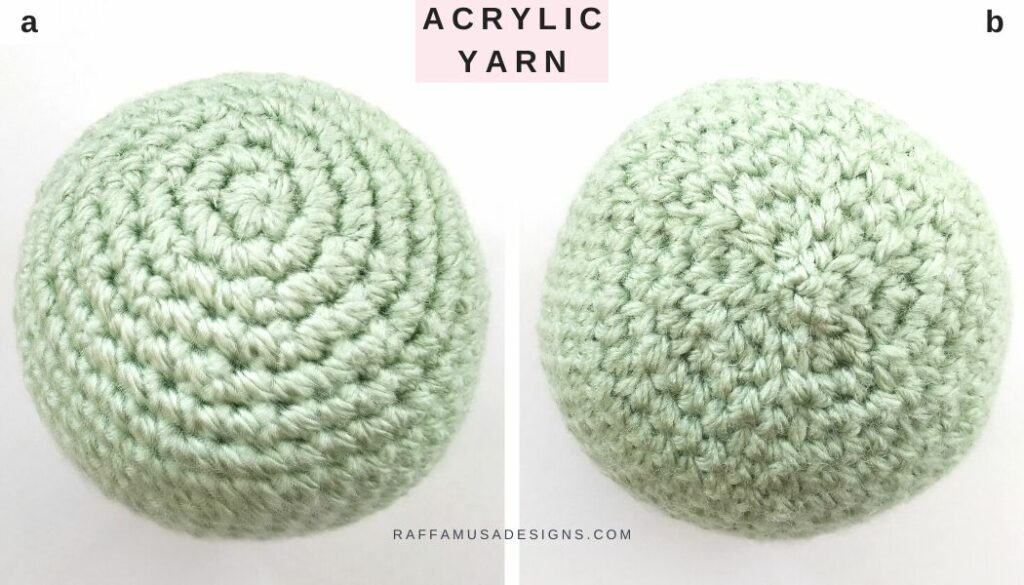 Comparison of the top and bottom of a crochet Amigurumi ball made in acrylic yarn - Raffamusa Designs