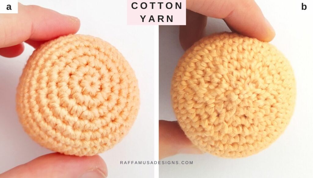 Comparison of the top and bottom of a crochet Amigurumi ball made in cotton yarn - Raffamusa Designs