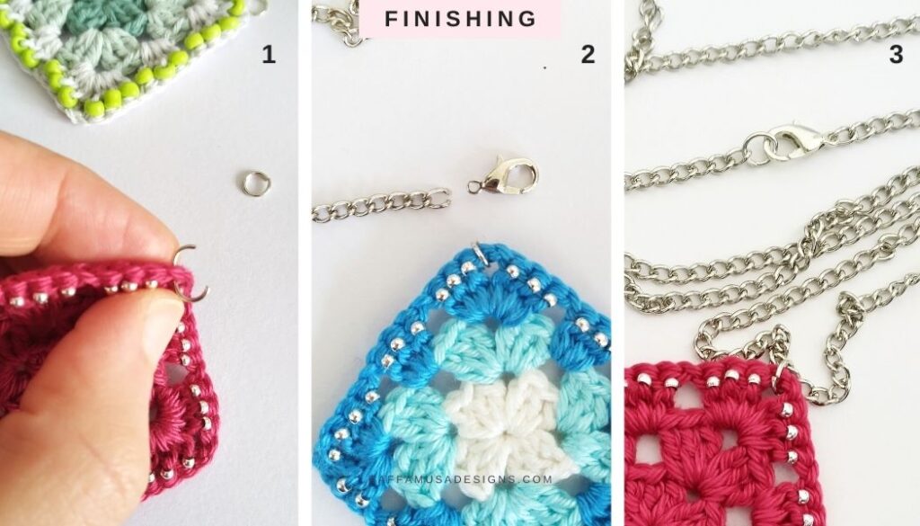 How to Crochet a Beaded Granny Square Pendant - Finishing - Raffamusa Designs