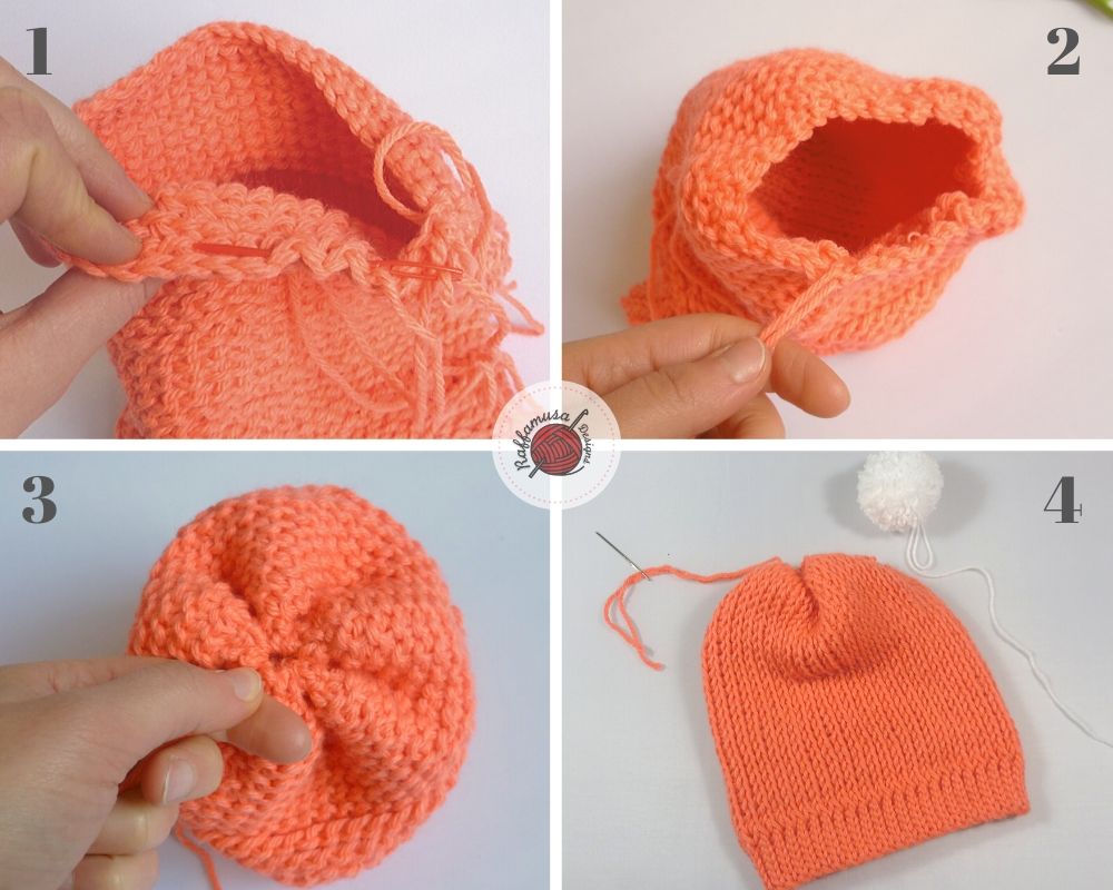 Close the top of the Beginner Tunisian Toddler Beanie and attach your pompom.