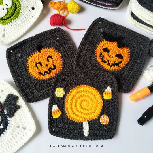 Halloween Pumpkin and Candy Corn Granny Squares - Raffamusa Designs