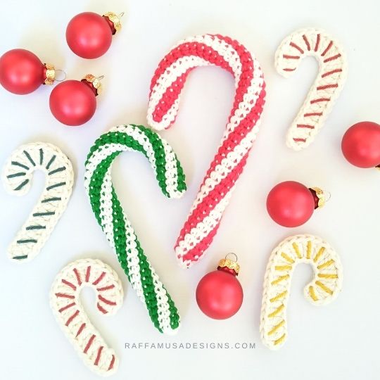 Candy Cane Appliques and Candy Cane Amigurumi Ornament - Free Crochet Patterns - Raffamusa Designs