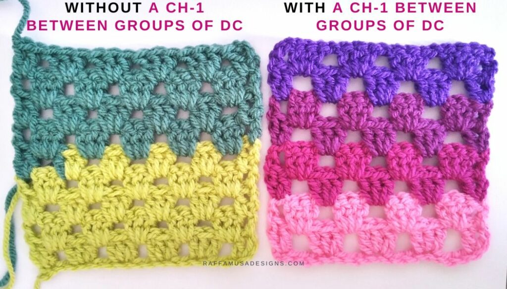 Comparison of 2 different ways to crochet the granny stitch with and without a ch-1 sp between double crochet blocks - Raffamusa Designs