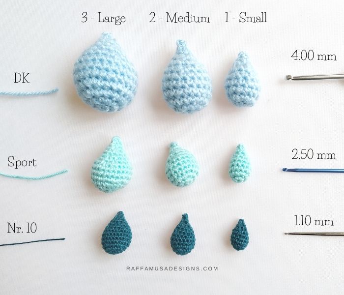 Amigurumi Raindrops - Free Crochet Pattern in three Different Sizes - Small, Medium, and Large - Raffamusa Designs