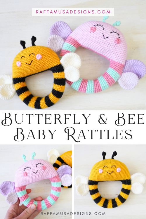 Butterfly & Bee Baby Rattles - Free Crochet Pattern - Raffamusa Designs