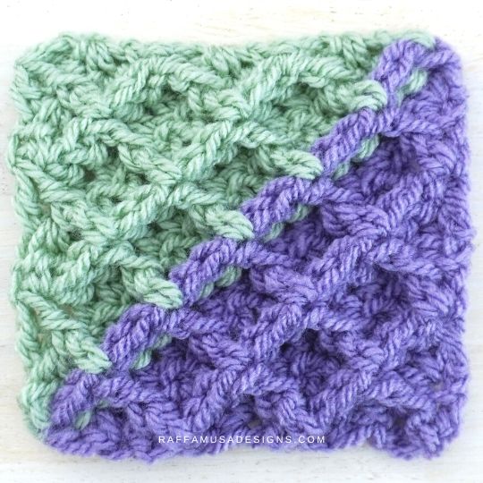 Crochet corner-to-corner (C2C) Waffle Stitch Swatch where the increase half was crocheted in purple and the decrease section was crocheted with green yarn - Raffamusa Designs