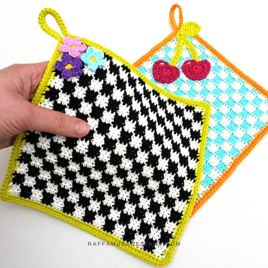 Crochet Checkered Potholder with Flower and Cherry Appliques - Raffamusa Designs