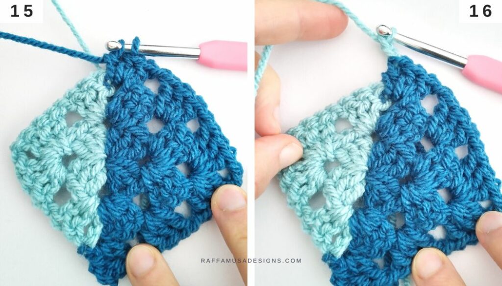 How to change yarn color on the right side of a half-and-half classic granny square - Raffamusa Designs
