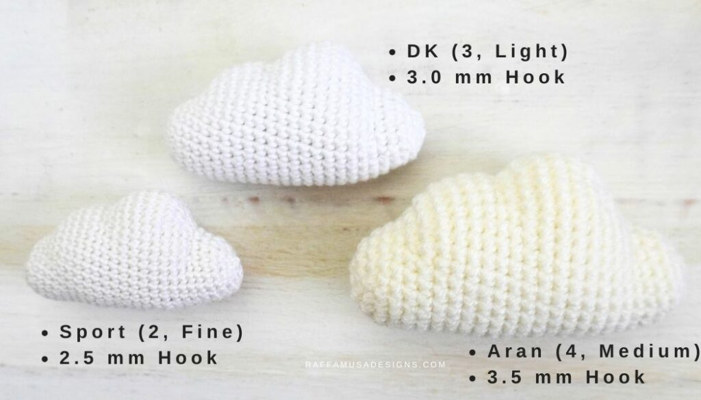 The Cloud Amigurumi crocheted with different yarns and hooks - Raffamusa Designs