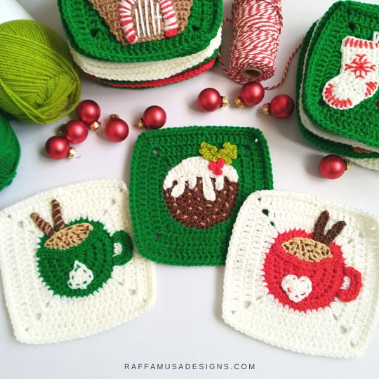 Crochet Coffee Mug and Christmas Pudding Granny Squares - Raffamusa Designs