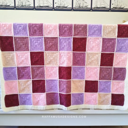 Crochet Solid Granny Squares Baby Blanket with Ribbed Border - Raffamusa Designs
