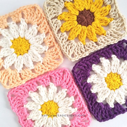 Crochet Daisy and Sunflower Granny Squares - Raffamusa Designs