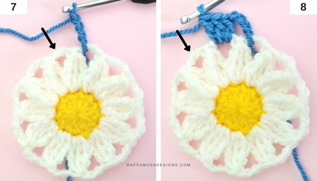 Crochet Daisy Granny Square - Tutorial 7-8 - Raffamusa Designs