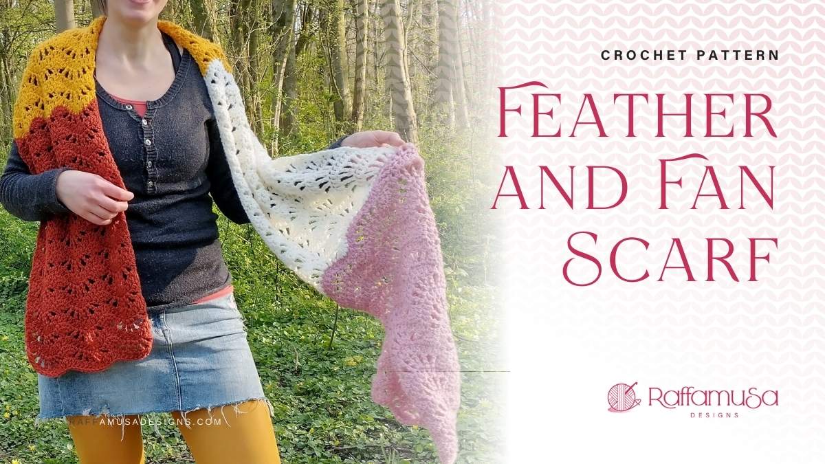 Crochet Feather & Fan Color Block Scarf - Raffamusa Designs