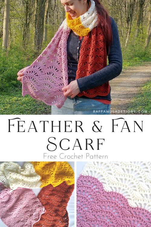 Crochet Feather & Fan Color Block Scarf - Raffamusa Designs