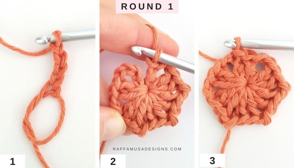Crochet Granny Hexagon - Round 1 - Raffamusa Designs