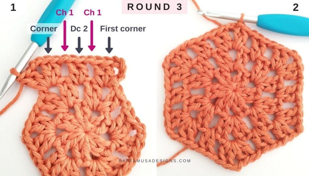 Crochet Granny Hexagon - Round 3 - Raffamusa Designs