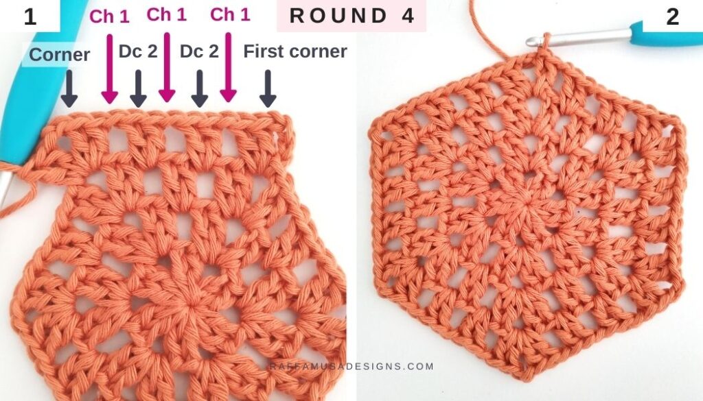 Crochet Granny Hexagon - Round 4 - Raffamusa Designs