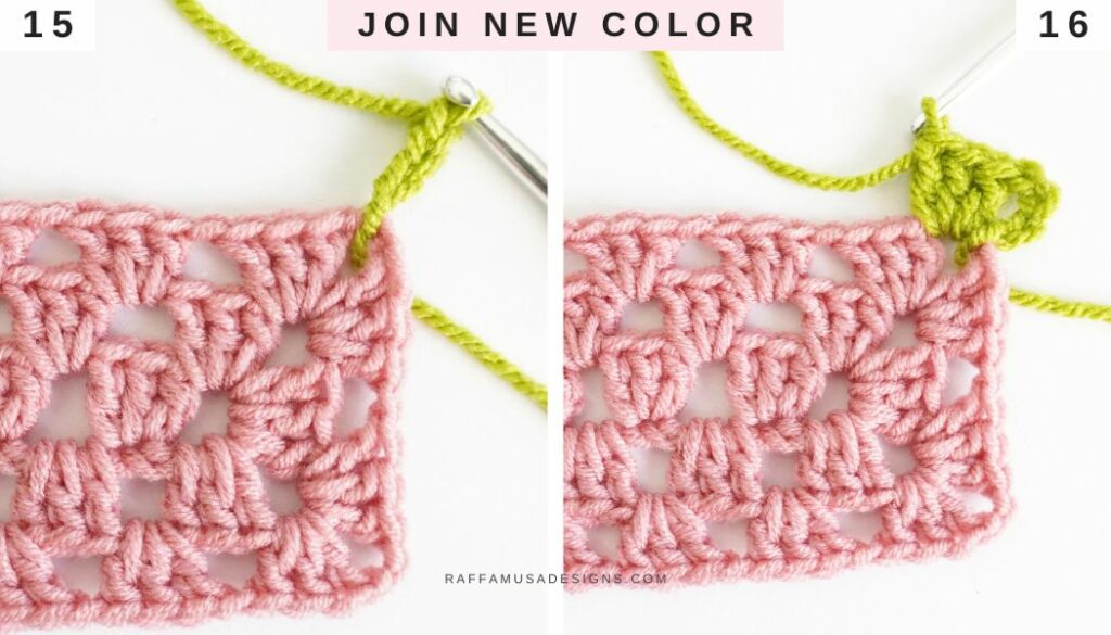 Granny Stitch Rectangle - How to Join New Color - Tutorial - Steps 15-16 - Raffamusa Designs