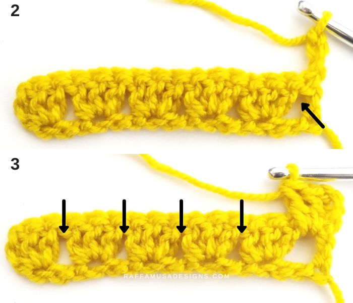 How to crochet the granny stripe stitch without a ch-1 between dc clusters - Row 2 - 2-3 - Raffamusa Designs