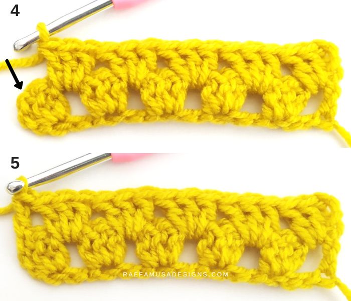 How to crochet the granny stripe stitch without a ch-1 between dc clusters - Row 2 - 4-5 - Raffamusa Designs