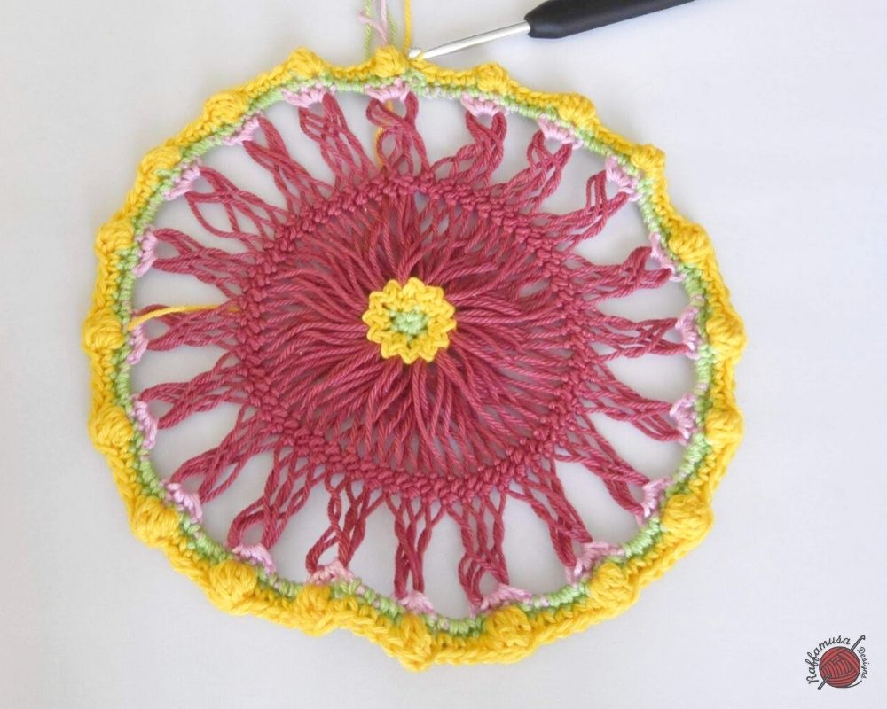 Round 5 of the Crochet Hairpin Lace Dreamcatcher