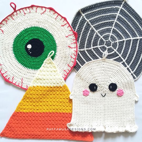 Free Crochet Halloween Dishcloth Patterns - Halloween Eye, Spiderweb, Candy Corn, and Ghost - Raffamusa Designs