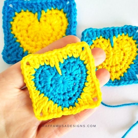 Heart Squares for Ukraine - Free Crochet Pattern - Raffamusa Designs
