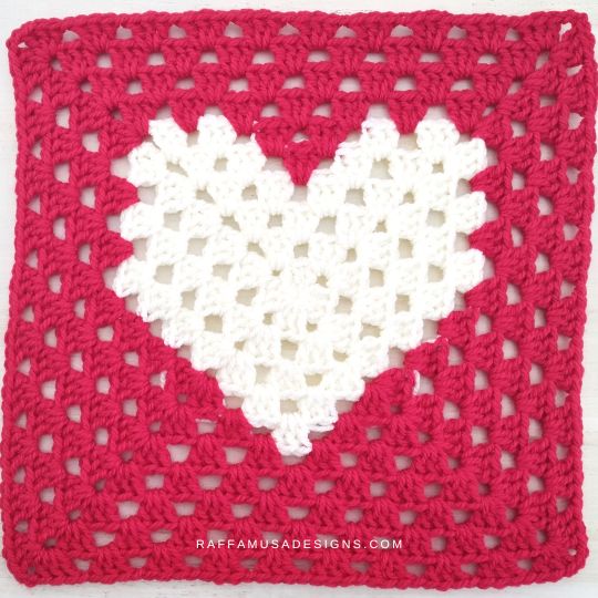 Crochet Large Heart Granny Square - in white and red yarn - Raffamusa Designs