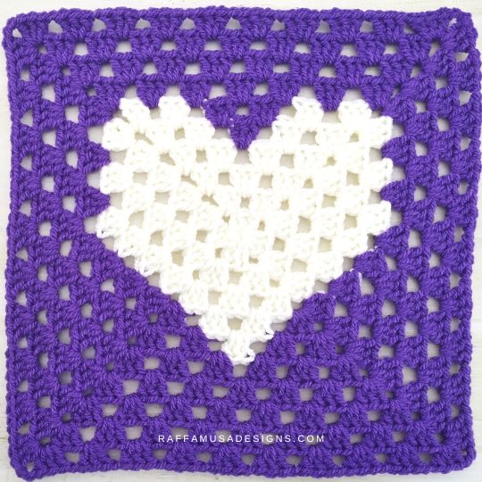 Crochet Large Heart Granny Square - in white and purple yarn - Raffamusa Designs