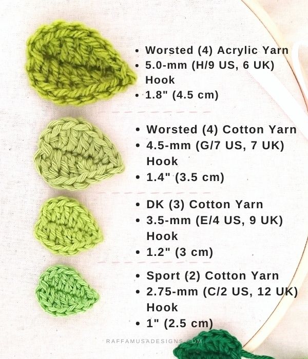 Crochet Leaf Applique in different sizes and yarn weights - Raffamusa Designs