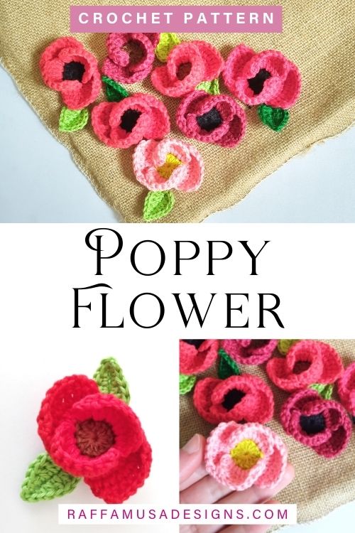 Crochet Poppy Flower Applique - Free Pattern - Raffamusa Designs