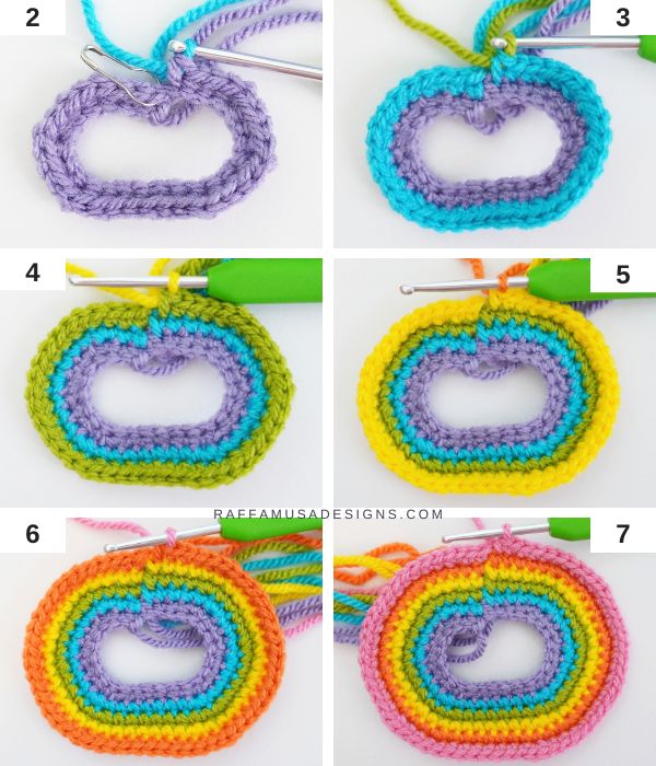 How to crochet a rainbow Amigurumi - Steps 2-7 - Raffamusa Designs