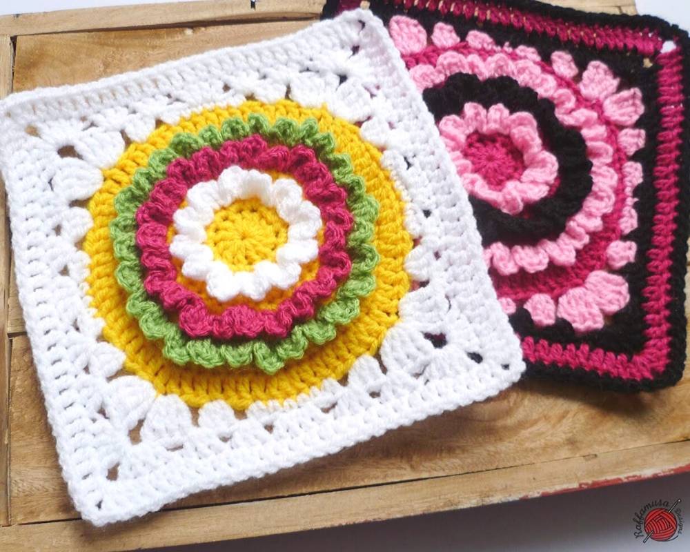 Crochet Ruffle Flower Square - Free Pattern by RaffamusaDesigns