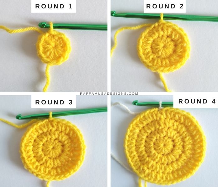 Crochet Simple Circle Granny Square, Rounds 1 to 4.