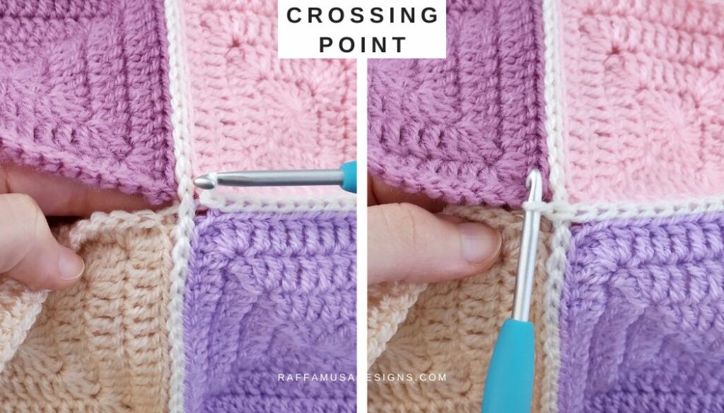 How to crochet the slip stitch join at crossing points between squares - Raffamusa Designs