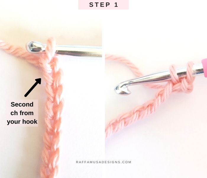 Step 1 - Pick up a loop in the second chain from your hook - Raffamusa Designs
