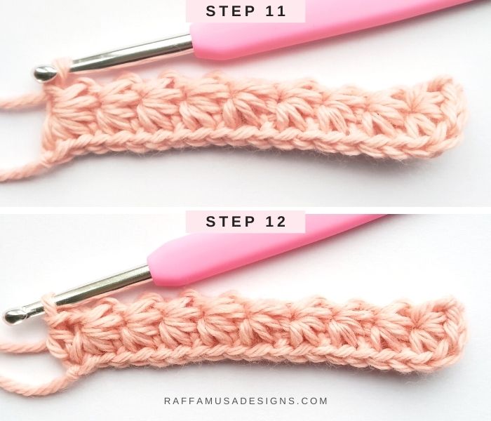 How to crochet the Star Stitch - Tutorial - Step 11 and 12 - Raffamusa Designs