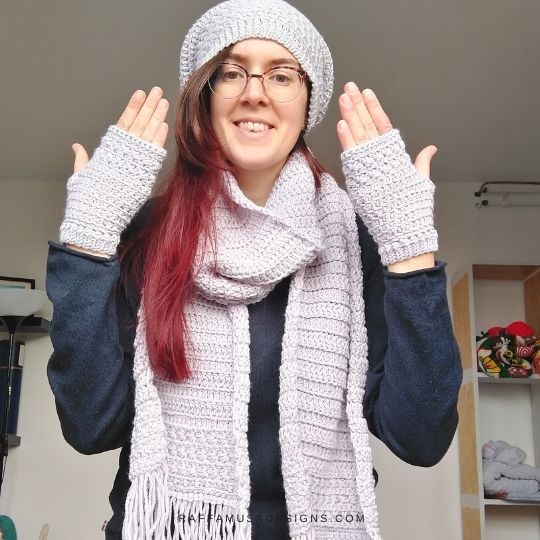 Me wearing my Star Stitch beanie, fingerless gloves, and scarf - Raffamusa Designs