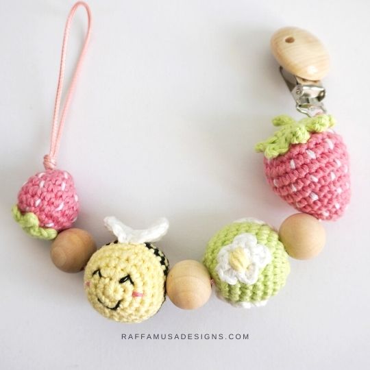 Crochet Strawberry Pacifier Clip - Raffamusa Designs