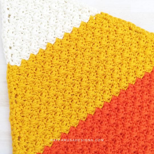 Candy Corn Dishcloth made using the Crochet Suzette Stitch - Raffamusa Designs