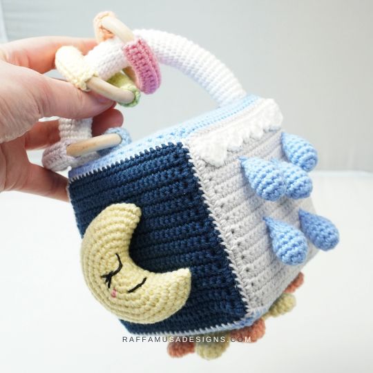 Crochet Weather Sensory Cube - Moon and Raindrops - Raffamusa Designs