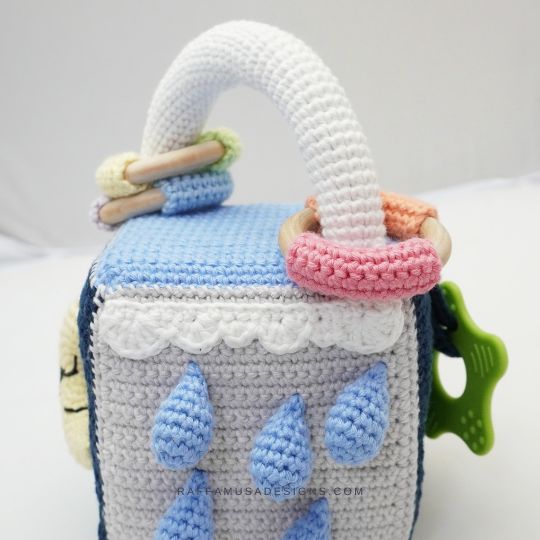 Crochet Weather Sensory Cube - Rainbow Handle and Raindrops - Raffamusa Designs