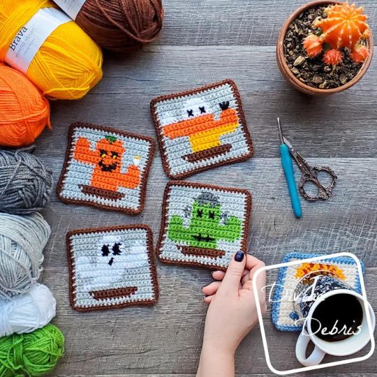 Halloween Cactus Coasters - Tapestry Crochet Patterns - Divine Debris