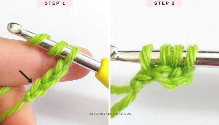 Foundation Treble Crochet - Step-by-Step Tutorial - Step 1 and 2 - Raffamusa Designs