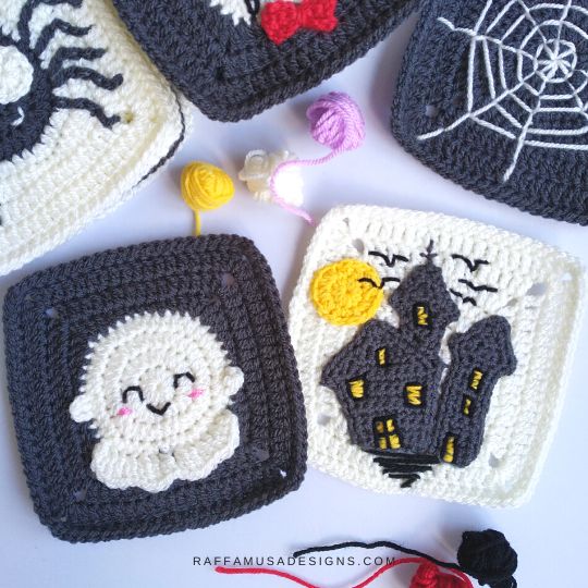 Crochet Ghost and Haunted House Granny Squares - Raffamusa Designs