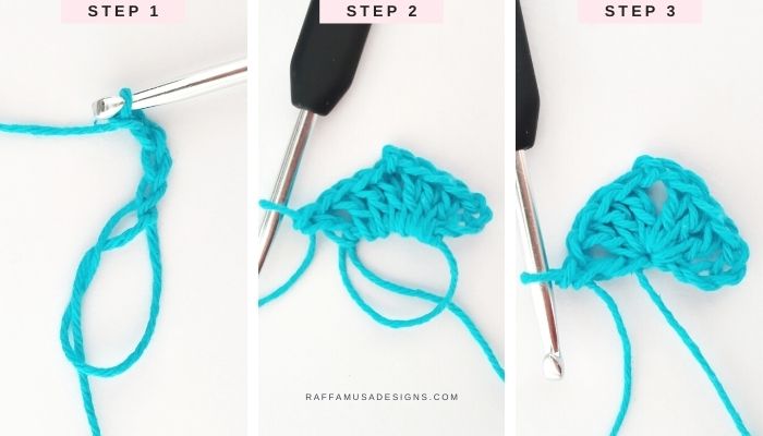 How to Crochet a Half Granny Square Triangle - Row 1 - Raffamusa Designs